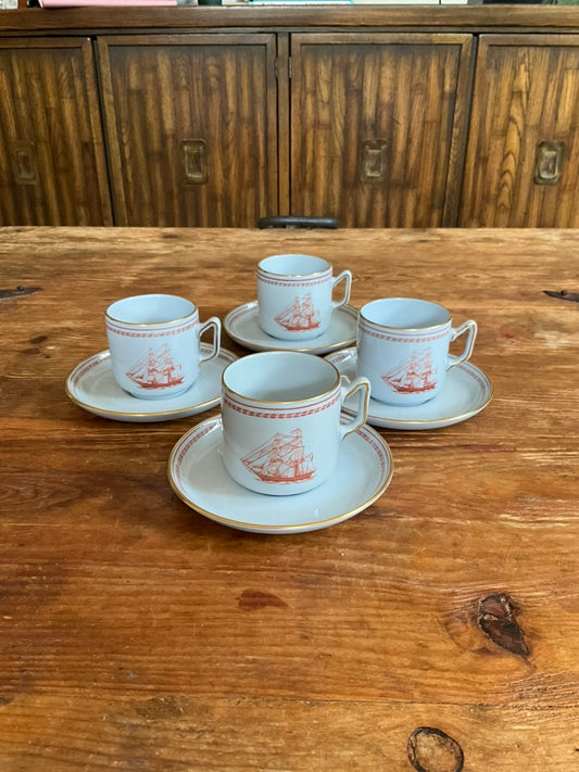 Spode Copeland England Red Trade Winds Cup & Saucer Demitasse Set of 4