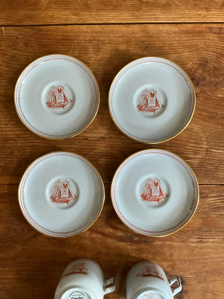 Spode Copeland England Red Trade Winds Cup & Saucer Demitasse Set of 4